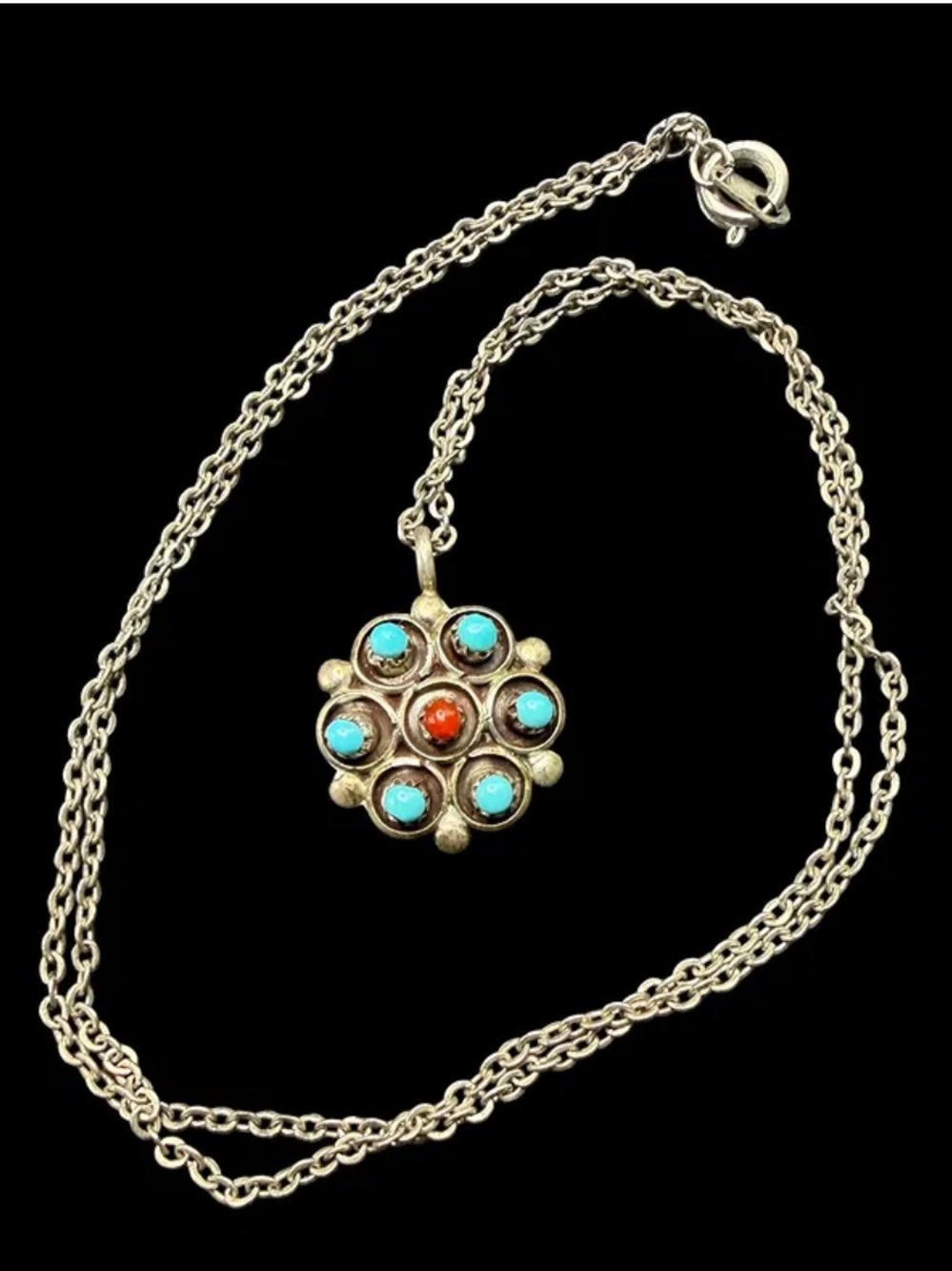 Vintage Southwestern Style Silver-Tone Turquoise Coral Cluster Pendant Necklace